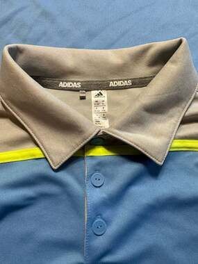Adidas Boys Polo Shirt Blue Grey Neon Youth XL 15-16Y Golf Tennis Boat Resort